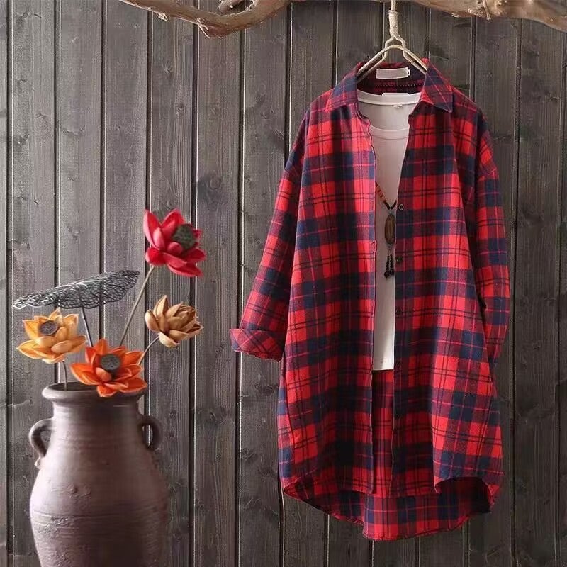 Sun Protection Clothing Spring & Fall Plaid Shirt Women'S Long-Sleeved Jacket Loose Student Black And White Mid-Length Large Size Shirt Design - Image 3
