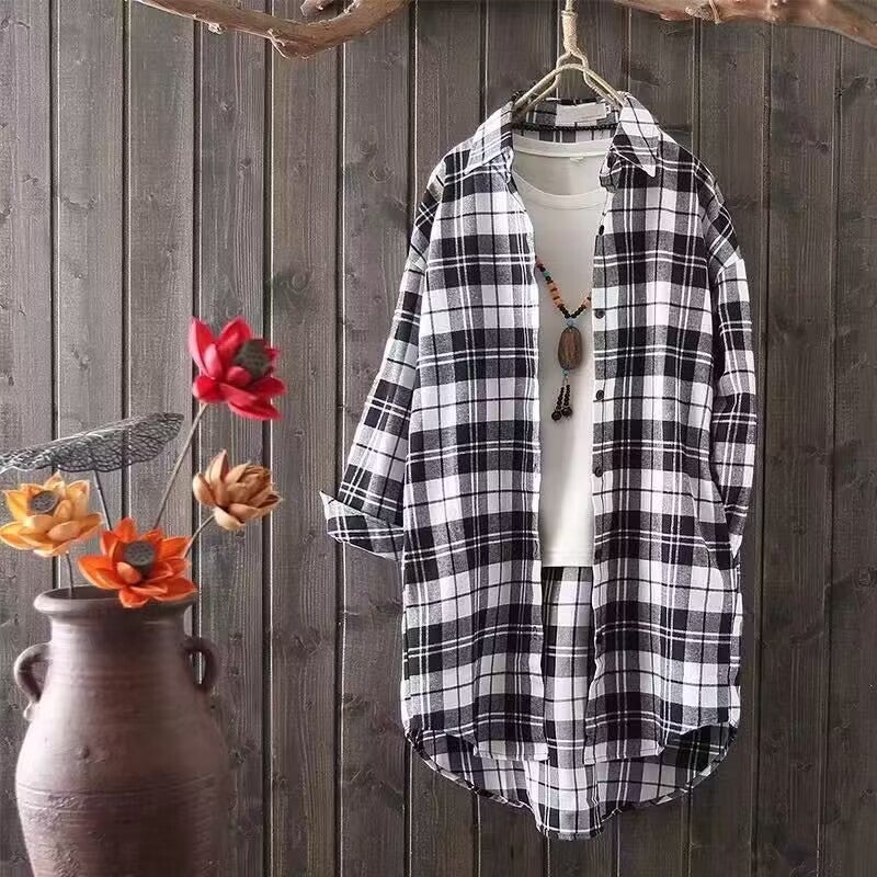 Sun Protection Clothing Spring & Fall Plaid Shirt Women'S Long-Sleeved Jacket Loose Student Black And White Mid-Length Large Size Shirt Design - Image 1