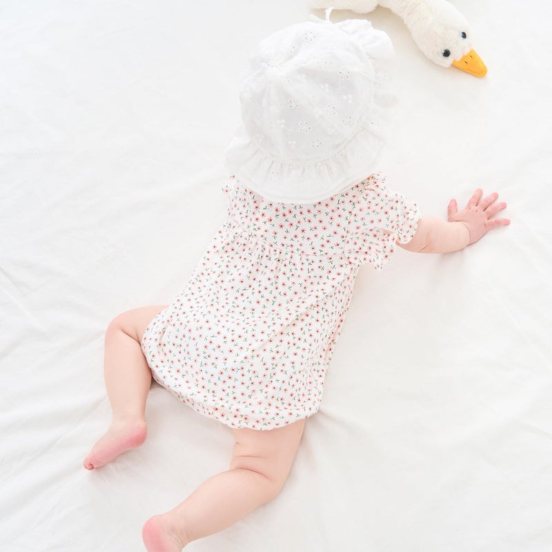 pureborn Baby Girls Bodysuit Peter Pan Collar Bubble Romper Short Sleeve One-Piece Cotton Outfit Pink Flower 3-6 Months - Image 3