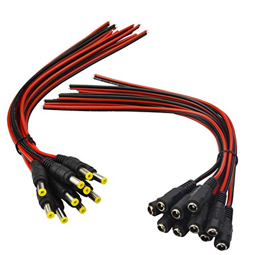 MILAPEAK (Real 18AWG) 10 Pairs 12V 5A DC Power Pigtail Barrel Plug Connector Cable, 2.1mm x 5.5mm Male Female DC Pigtail Connectors for CCTV Security Camera and 12V Power Supply Adapter by MILAPEAK - Image 1