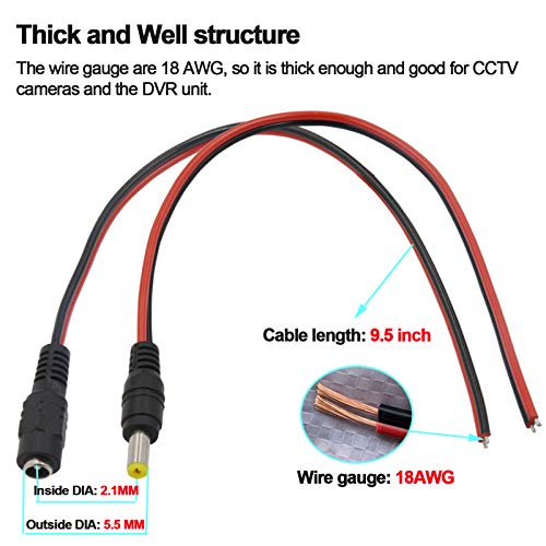 MILAPEAK (Real 18AWG) 10 Pairs 12V 5A DC Power Pigtail Barrel Plug Connector Cable, 2.1mm x 5.5mm Male Female DC Pigtail Connectors for CCTV Security Camera and 12V Power Supply Adapter by MILAPEAK - Image 5