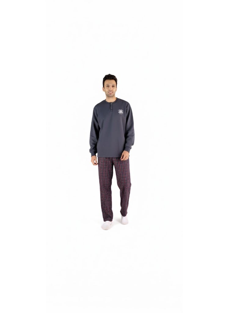 Jet Men Winter Pajama Set Long Sleeve & Carreau Bottom-Dark Grey
