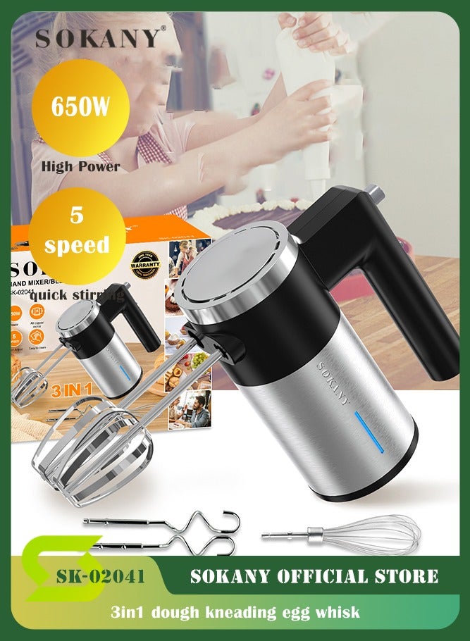 سوكاني خلاط يدوي 650 واط 5 سرعات، مضرب بيض كهربائي 3 في 1 مع خفاقة، خطافات عجين، قضيب خلط، خلاط يدوي خفيف الوزن وقوي للخبز والكعك والكريمة والطعام - Image 1