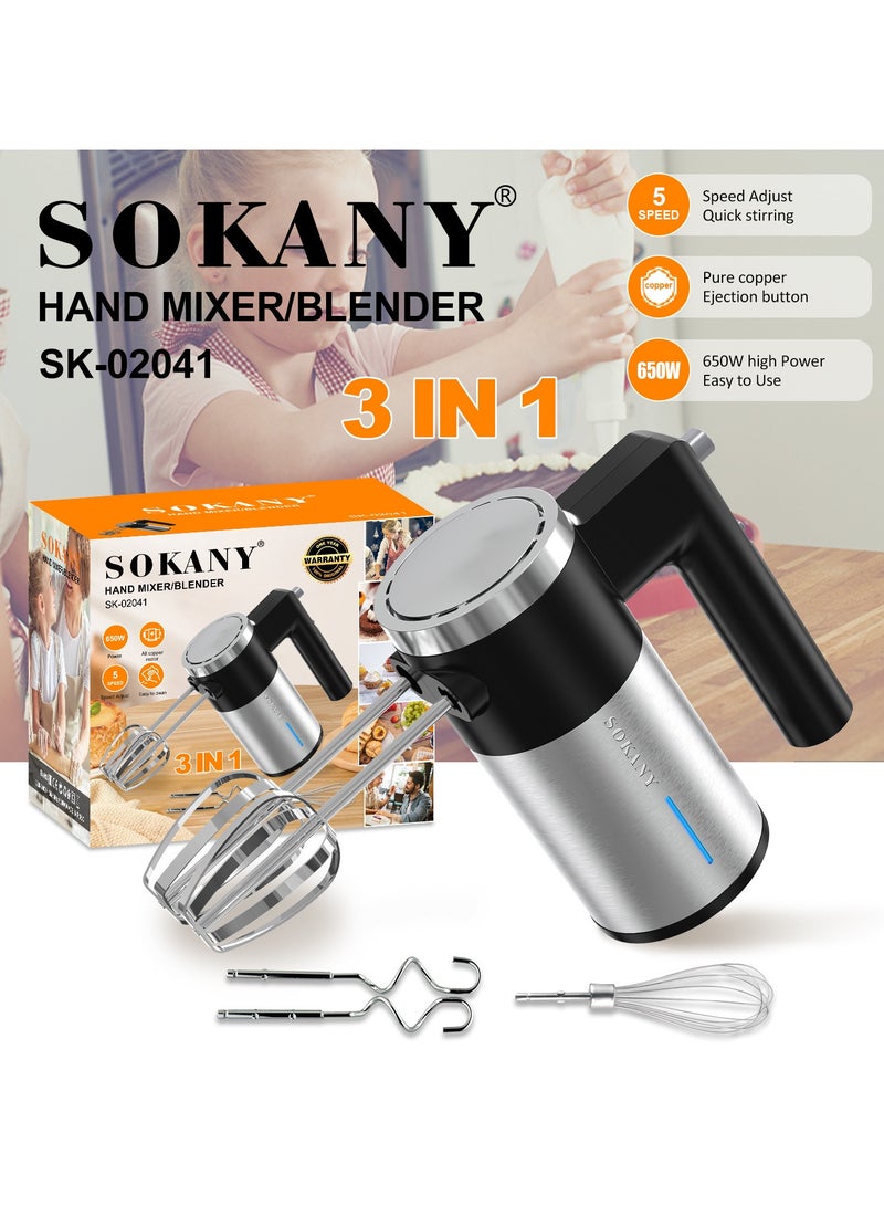 سوكاني خلاط يدوي 650 واط 5 سرعات، مضرب بيض كهربائي 3 في 1 مع خفاقة، خطافات عجين، قضيب خلط، خلاط يدوي خفيف الوزن وقوي للخبز والكعك والكريمة والطعام - Image 2