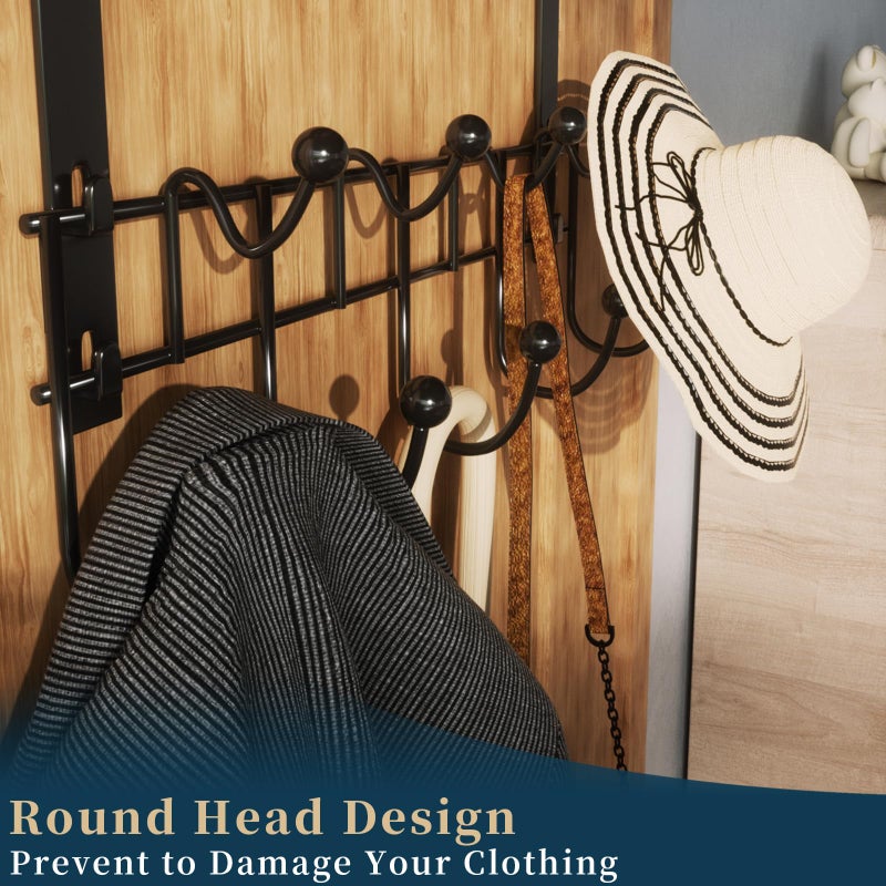Consumest Over The Door Hooks Organizer - Extra Long Door Hanger with 9 Coat Hooks & 2 Mesh Basket, Back Storage Organizer Hanging Towels for Bathroom, Bedroom, Black (for 1.76 in Doors) - Image 4
