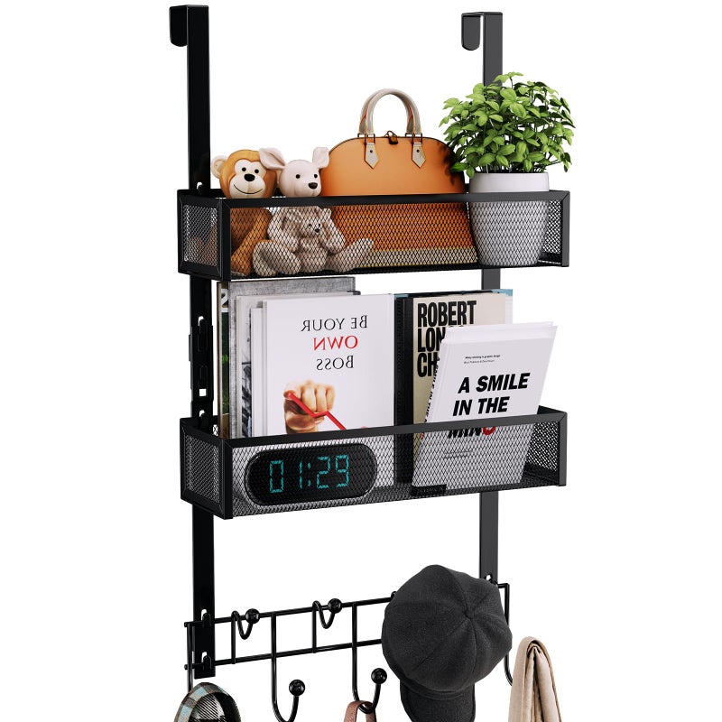Consumest Over The Door Hooks Organizer - Extra Long Door Hanger with 9 Coat Hooks & 2 Mesh Basket, Back Storage Organizer Hanging Towels for Bathroom, Bedroom, Black (for 1.76 in Doors) - Image 1