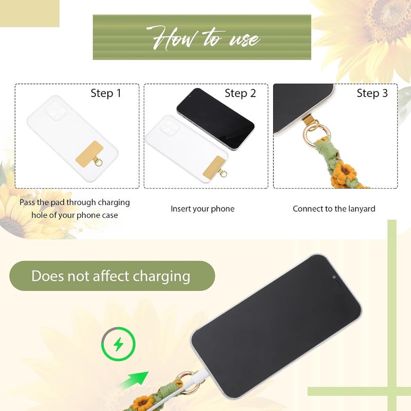 Bememo Sunflower Phone Wrist Strap Boho Macrame Wristlet Cute Cell Phone Lanyard with 2 Gold Tether Tabs Spacers Handmade Gifts for Women - Image 4