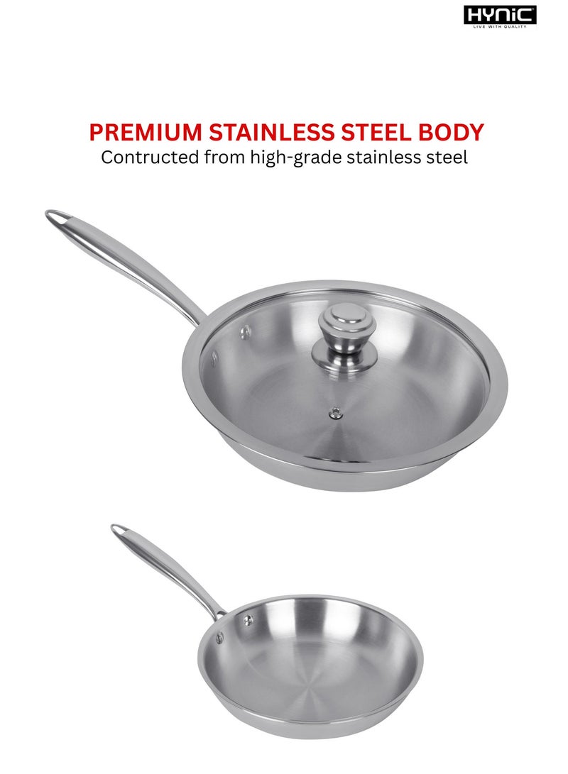 Hynic Premium Tri-Ply Stainless Steel Frying Pan with Glass Lid, Induction & Gas Compatible, Ergonomic Stay-Cool Handle, Dishwasher Safe Cookware - Image 2