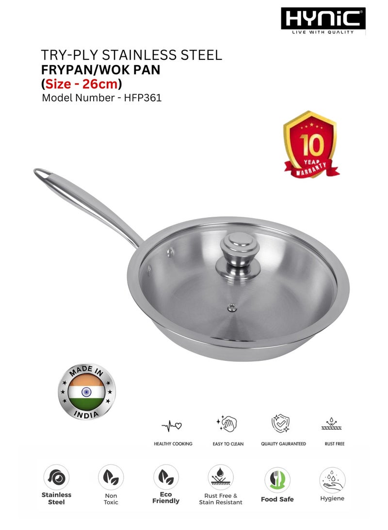 Hynic Premium Tri-Ply Stainless Steel Frying Pan with Glass Lid, Induction & Gas Compatible, Ergonomic Stay-Cool Handle, Dishwasher Safe Cookware - Image 1