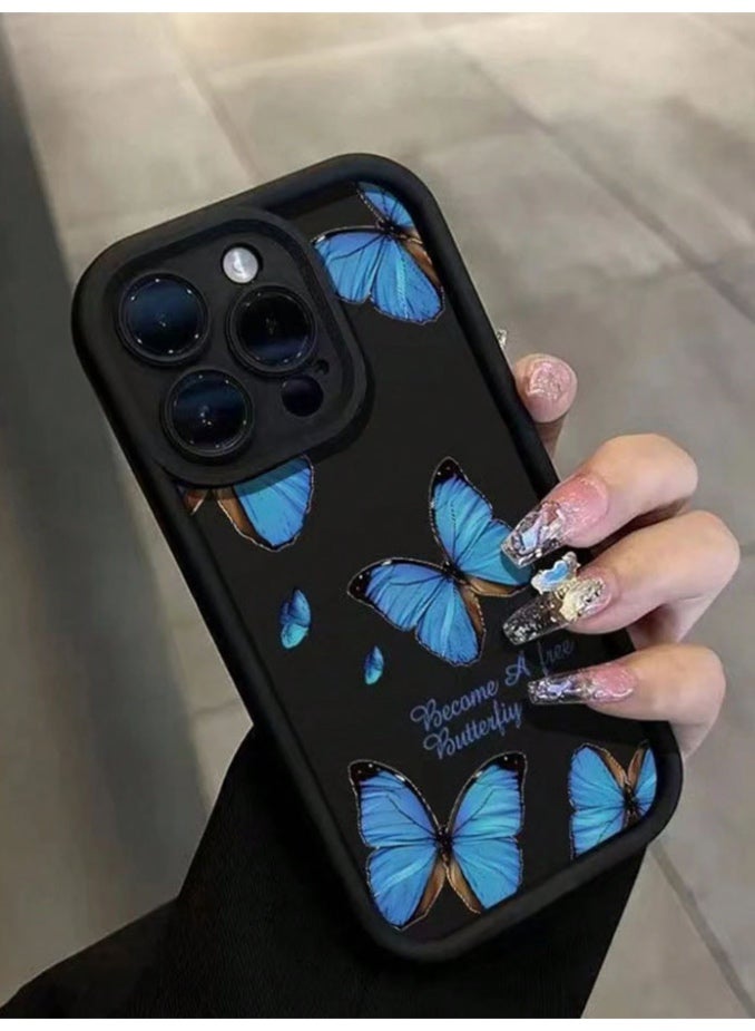 Protective case and cover for the iPhone 16 Pro Max, shock and scratch resistant, with distinctive black back cover decorated with blue butterflies and the phrase "Become A Free Butterfly". - Image 1