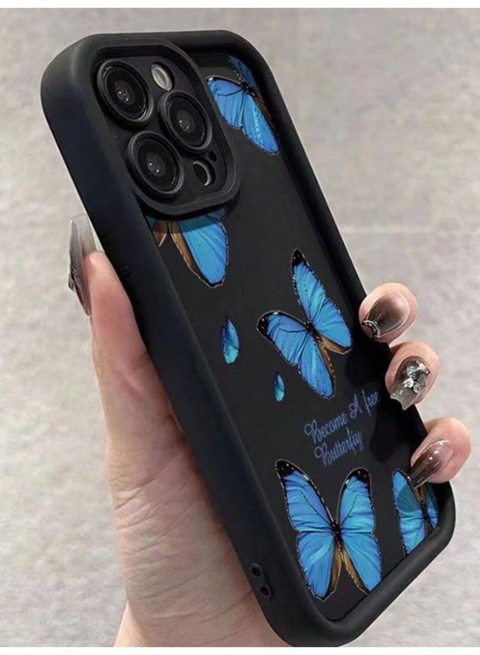 Protective case and cover for the iPhone 16 Pro Max, shock and scratch resistant, with distinctive black back cover decorated with blue butterflies and the phrase "Become A Free Butterfly". - Image 2