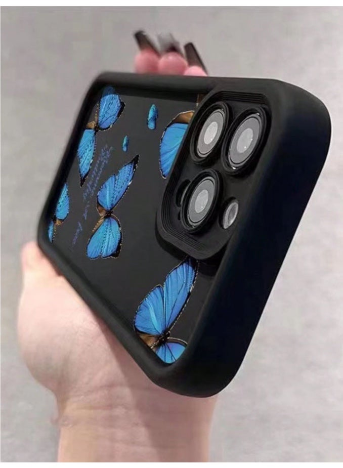 Protective case and cover for the iPhone 16 Pro Max, shock and scratch resistant, with distinctive black back cover decorated with blue butterflies and the phrase "Become A Free Butterfly". - Image 4