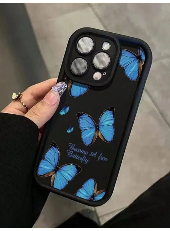 Protective case and cover for the iPhone 16 Pro Max, shock and scratch resistant, with distinctive black back cover decorated with blue butterflies and the phrase "Become A Free Butterfly". - Image 3