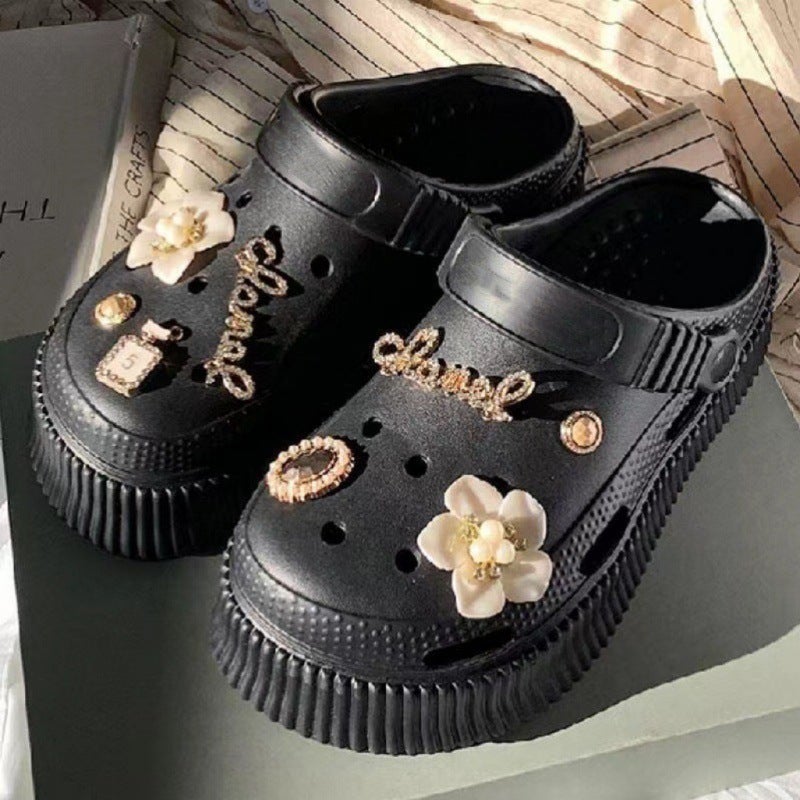 Chic XIXIT Summer DIY Rhinestone Heart Beach Slides with Thick Soft Sole2913 hole-gem flower-black 2913 hole-gem flower-black 
