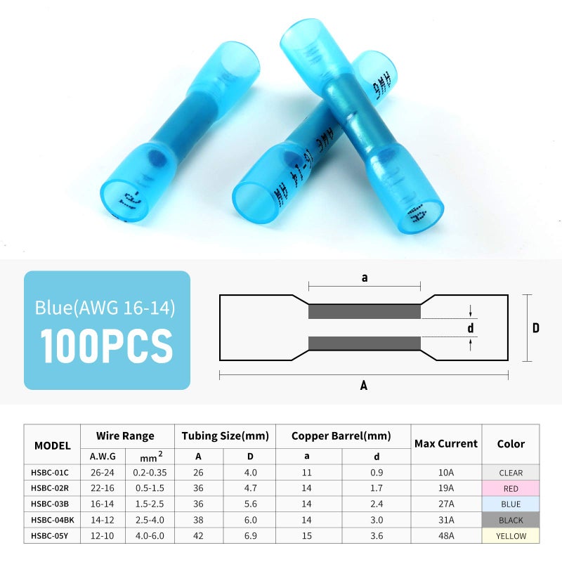 VAMRONE Heat Shrink Butt Wire Connectors, 100Pcs Insulated Waterproof Electrical Wire Connectors Automotive Marine Grade Wire Crimp Terminals Butt Splices, Ideal for Boat, Truck, Blue - Image 2