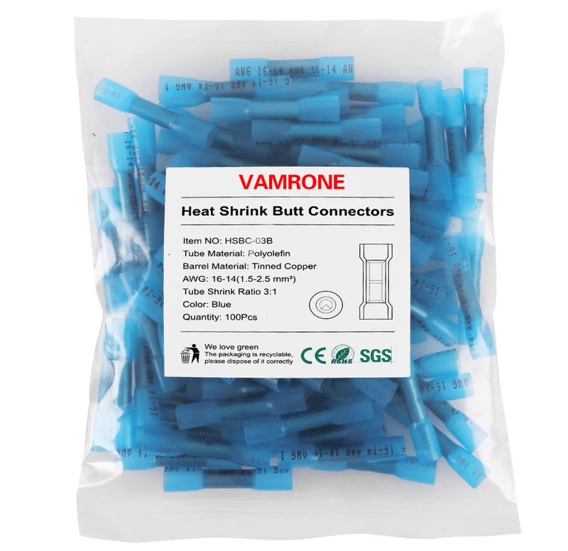 VAMRONE Heat Shrink Butt Wire Connectors, 100Pcs Insulated Waterproof Electrical Wire Connectors Automotive Marine Grade Wire Crimp Terminals Butt Splices, Ideal for Boat, Truck, Blue - Image 1