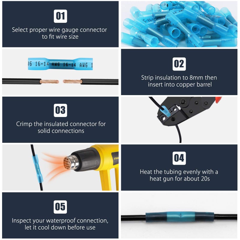 VAMRONE Heat Shrink Butt Wire Connectors, 100Pcs Insulated Waterproof Electrical Wire Connectors Automotive Marine Grade Wire Crimp Terminals Butt Splices, Ideal for Boat, Truck, Blue - Image 5