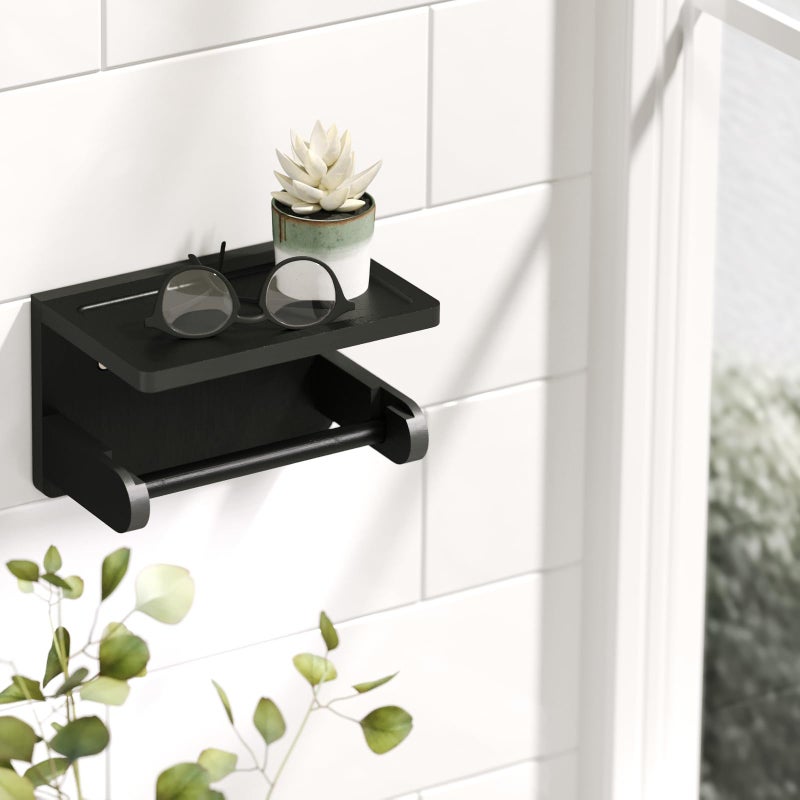 Vertorgan Toilet Paper Holder With Phone Shelf Bamboo Wall Mounted Tissue Roll Holder For Bathroom(Black) - Image 2