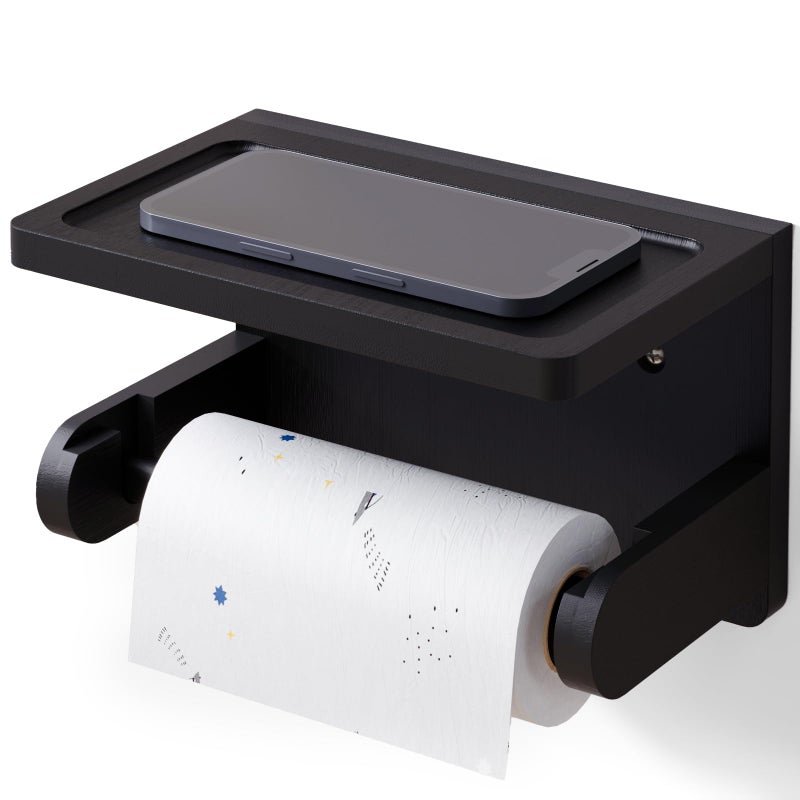 Vertorgan Toilet Paper Holder With Phone Shelf Bamboo Wall Mounted Tissue Roll Holder For Bathroom(Black) - Image 1