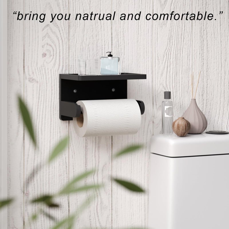 Vertorgan Toilet Paper Holder With Phone Shelf Bamboo Wall Mounted Tissue Roll Holder For Bathroom(Black) - Image 3
