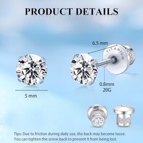Limerencia Hypoallergenic G23 Pure Titanium Screw Back Earrings Tragus 20G Helix F136 Implant Grade Piercing Post for Sensitive Ears Simulated Diamond Cartilage (5 mm, White CZ) - Image 3