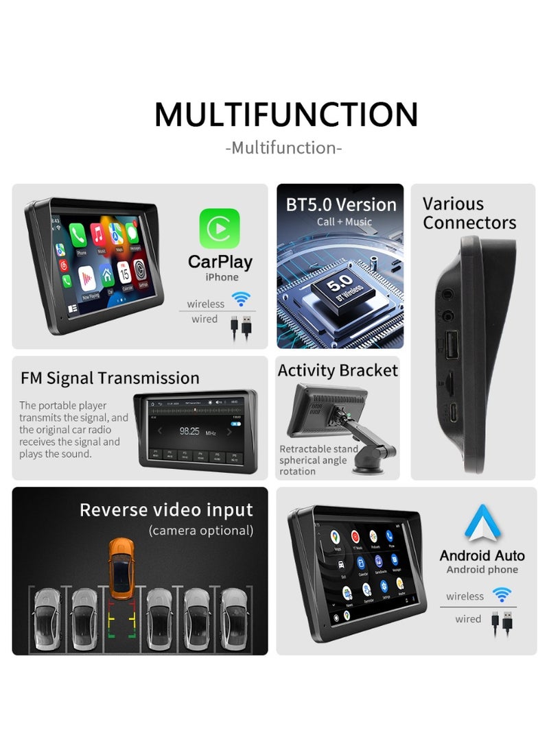 TUNKE 7” Wireless Apple CarPlay u0026 Android Auto Screen Portable Car Display 1024×600 IPS, USB/TF Media Playback, FM/AUX Audio Output, Rear Camera Included, Phone Required, 12V–24V - Image 2