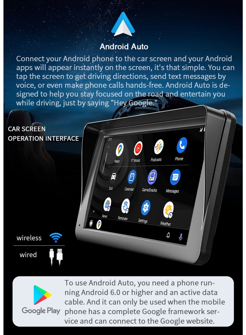 TUNKE 7” Wireless Apple CarPlay u0026 Android Auto Screen Portable Car Display 1024×600 IPS, USB/TF Media Playback, FM/AUX Audio Output, Rear Camera Included, Phone Required, 12V–24V - Image 4