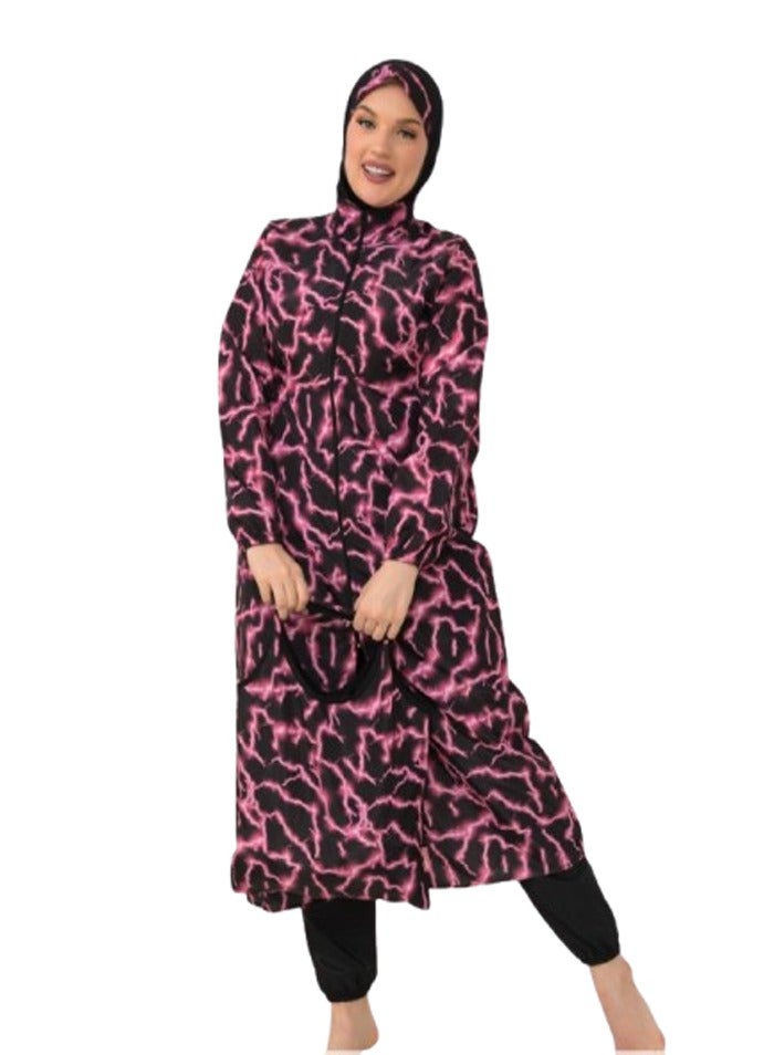 مايوه وتر بروف بوركيني طويل -٤قطع - مموج فوشيا  - Image 2