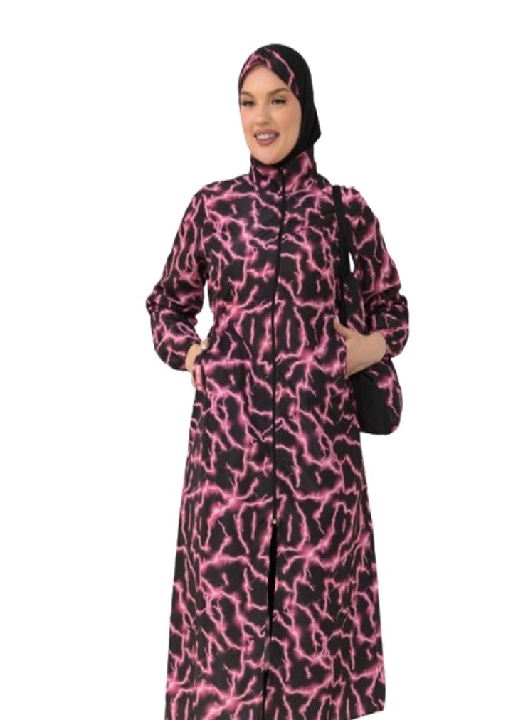 مايوه وتر بروف بوركيني طويل -٤قطع - مموج فوشيا  - Image 3
