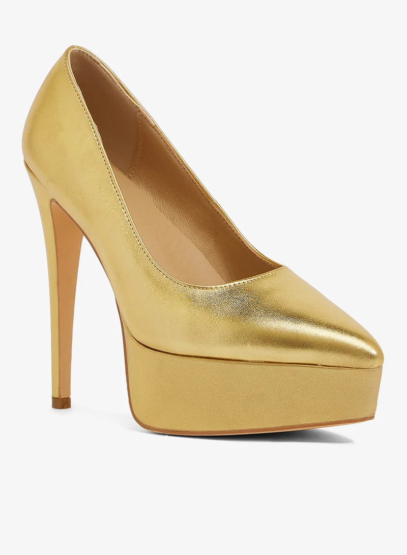 ايلا ليمتد اديشن حذاء بكعب ستيليتو عالٍ ومنصة ذهبية بمقدمة مستديرة