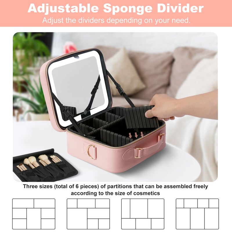 Mocado Travel Makeup Bag with LED Lighted Mirror, Travel Makeup Organizer, Makeup Case with 3 Color Lighted Setting and 10x Magnifying Mirror, Portable Storage and Adjustable Dividers Makeup Box(Pink) - Image 4