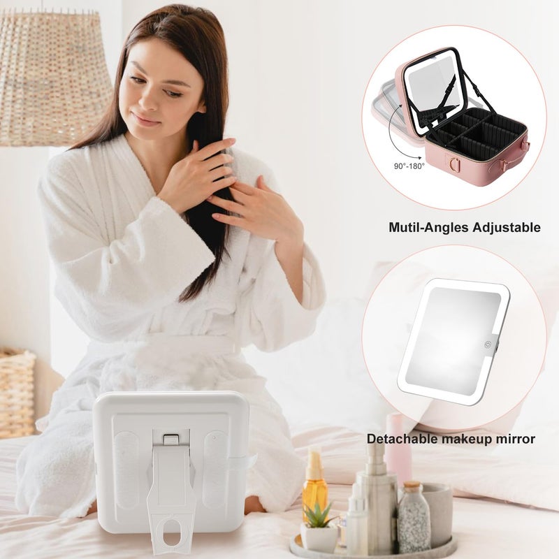 Mocado Travel Makeup Bag with LED Lighted Mirror, Travel Makeup Organizer, Makeup Case with 3 Color Lighted Setting and 10x Magnifying Mirror, Portable Storage and Adjustable Dividers Makeup Box(Pink) - Image 5