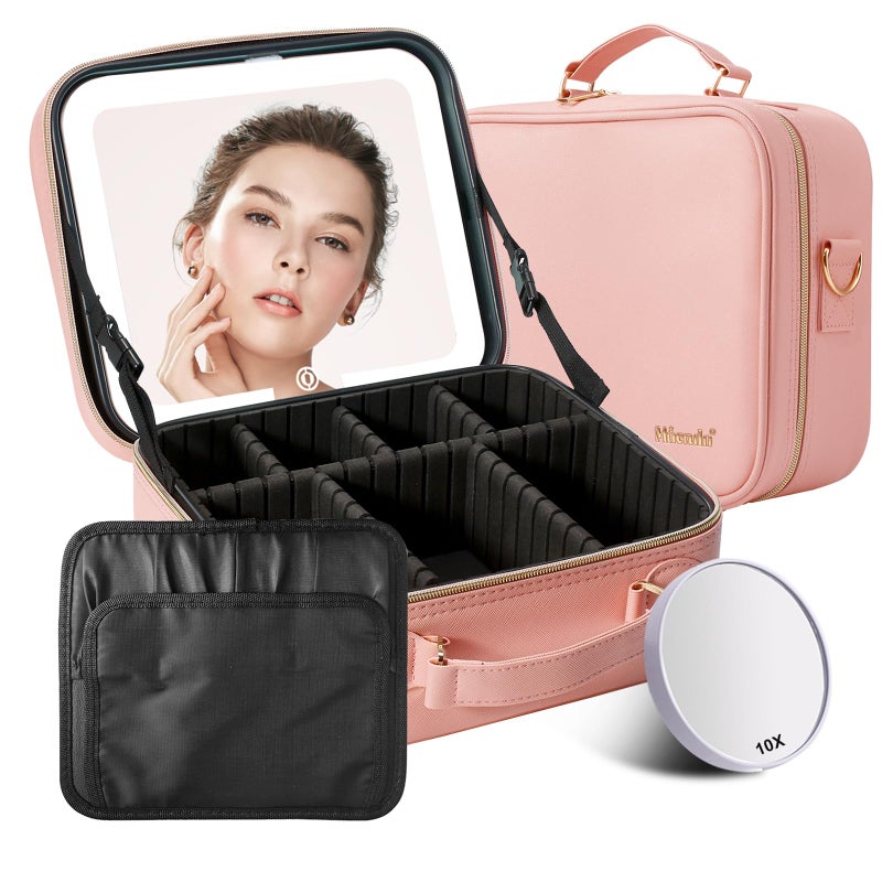 Mocado Travel Makeup Bag with LED Lighted Mirror, Travel Makeup Organizer, Makeup Case with 3 Color Lighted Setting and 10x Magnifying Mirror, Portable Storage and Adjustable Dividers Makeup Box(Pink) - Image 1