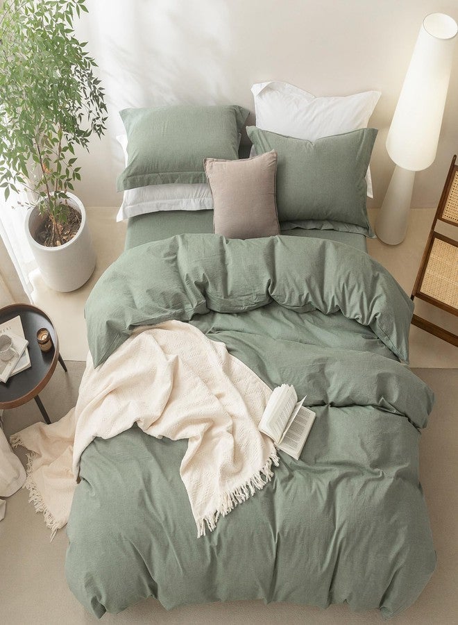 BDEAR Linen Feel Duvet Cover Queen Size, 100% Washed Cotton Comforter Cover 90x90inch with Zipper Closure Plus 2 Pillowcases, Solid-Heathered Green - Image 5