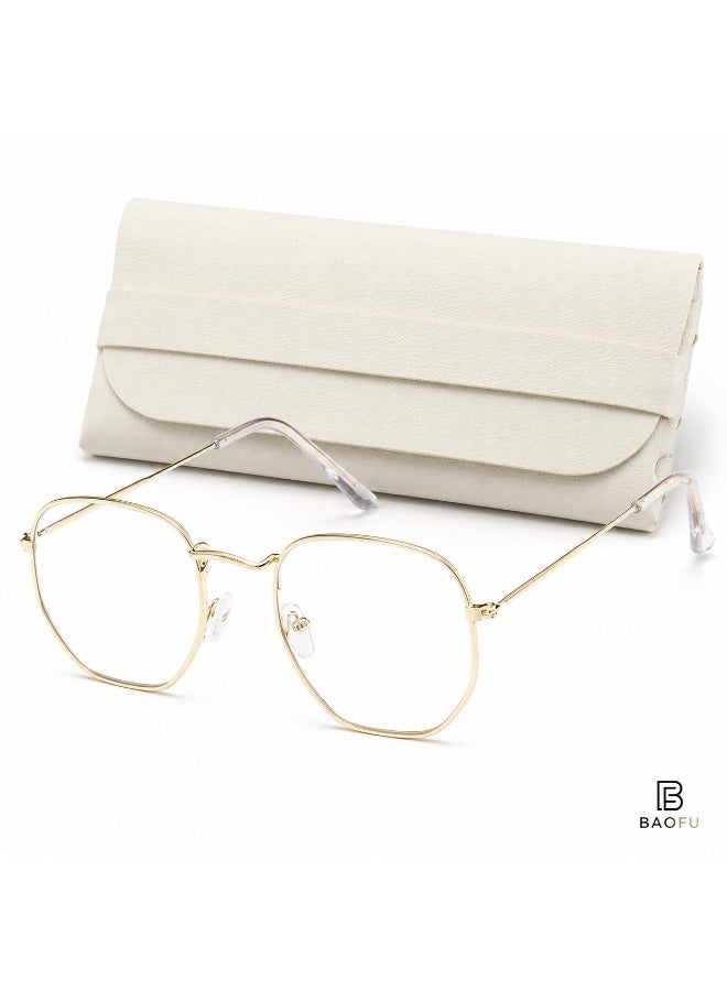 Bao Fu Women's Gold Geometric Clear Lens Fashion Glasses with Metal Frame and Protective Case - Image 1
