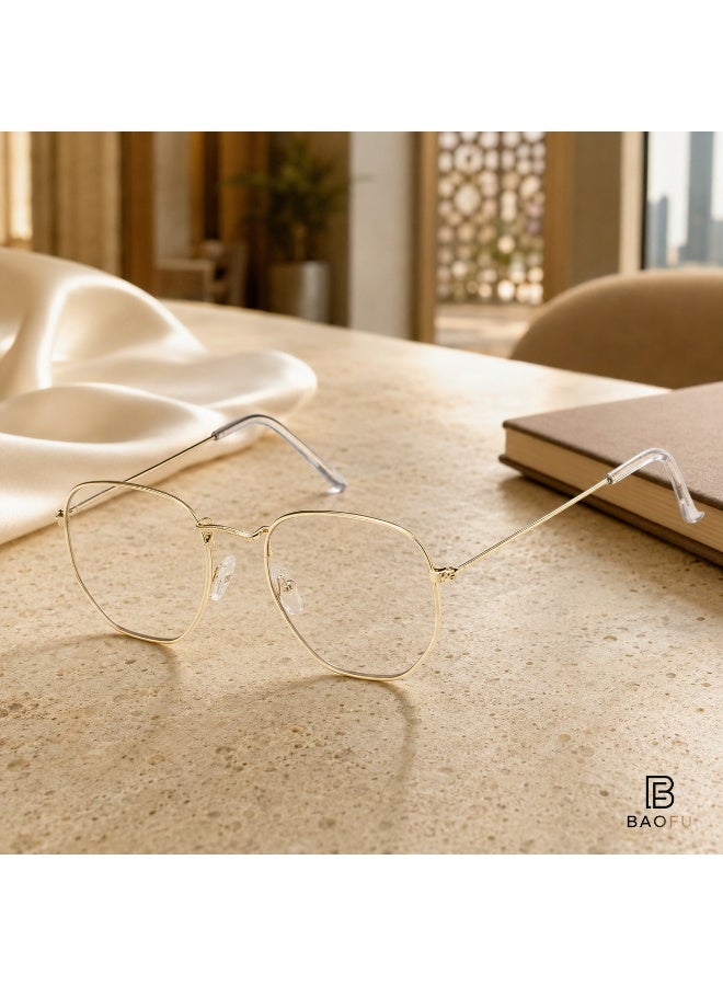Bao Fu Women's Gold Geometric Clear Lens Fashion Glasses with Metal Frame and Protective Case - Image 2