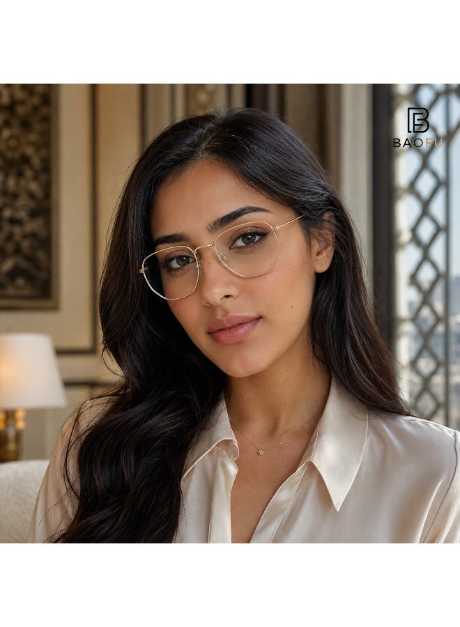 Bao Fu Women's Gold Geometric Clear Lens Fashion Glasses with Metal Frame and Protective Case - Image 3