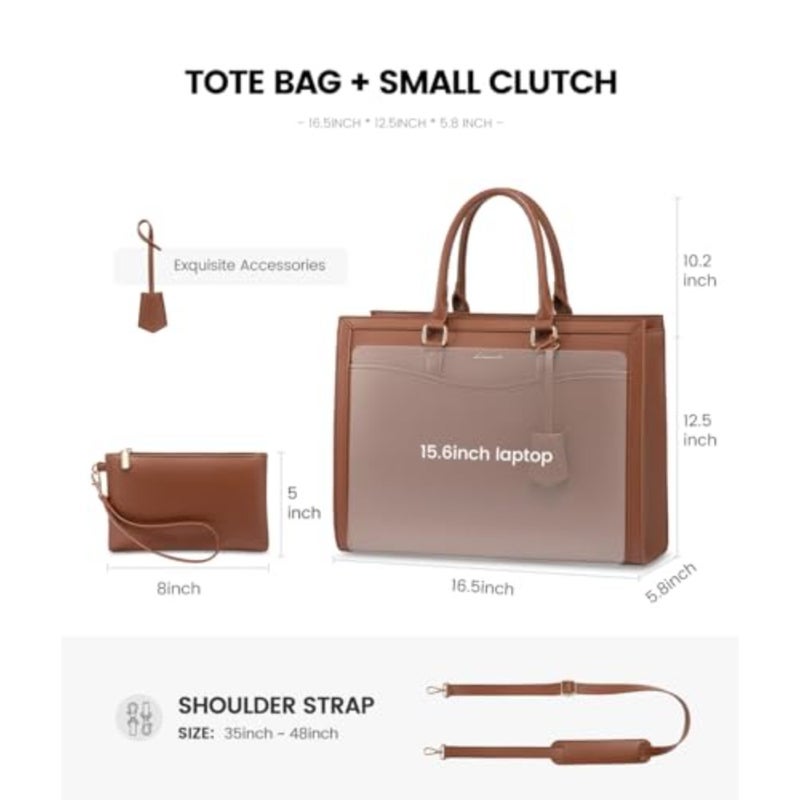 LOVEVOOK Laptop Tote Bag for Women Genuine Leather Office Work Briefcase Fits 15.6 Inch Laptop Large Teacher Computer Bag Handbag 2 PCS Set - Image 4