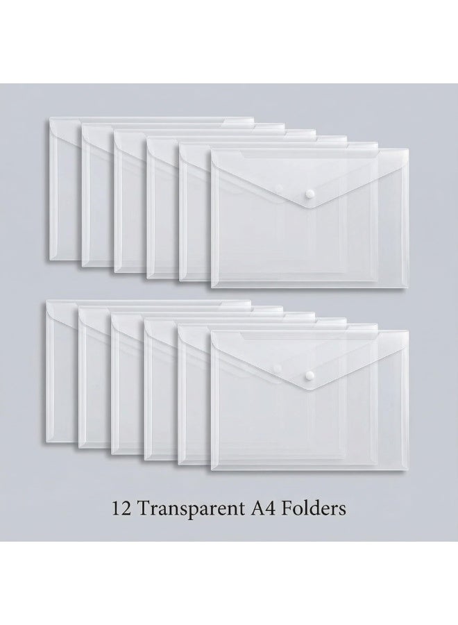 12 Pack Transparent A4 Letter Size Plastic Envelopes with Snap Button, Clear Poly Document Folders for Office, School and Home Storage - Image 2