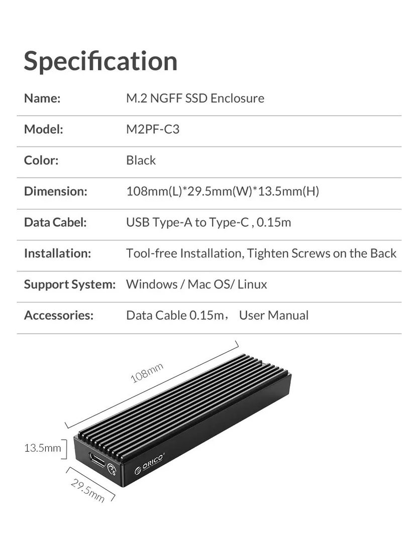 Orico - M.2 SATA B+M/B Key SSD Enclosure USB 3.1 Type C 5Gbps External Solid State Enclosure Adapter for 2280/2260/2242/2230 M.2 NGFF SSD 4TB Max, NOT Supoort PCIe NVMe/AHCI M.2 SSD-M2PF-C3 - Image 1