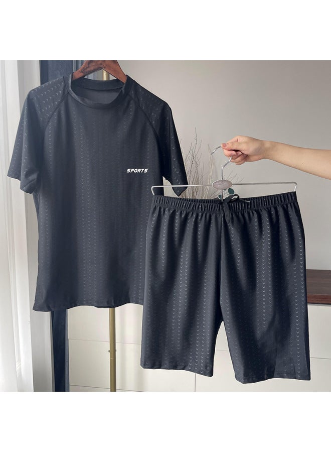 Loquat Men's Swimsuit Professional Anti-embarrassment Large Size Loose Swimming Trunks Hot Spring Men's Swimsuit Set Men's Full Set Five Points-Color:Black- - Image 1