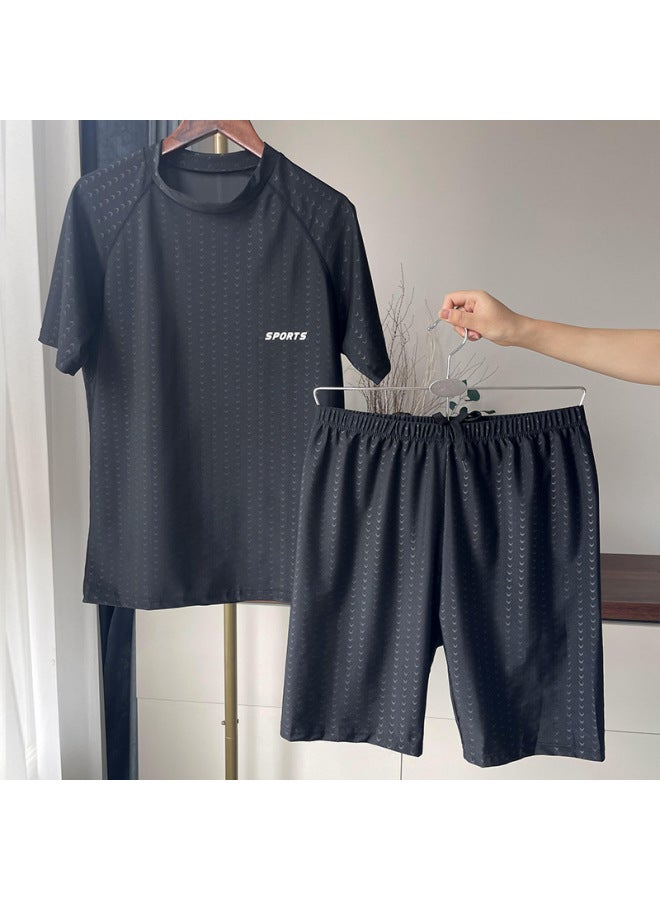 Loquat Men's Swimsuit Professional Anti-embarrassment Large Size Loose Swimming Trunks Hot Spring Men's Swimsuit Set Men's Full Set Five Points-Color:Black- - Image 2