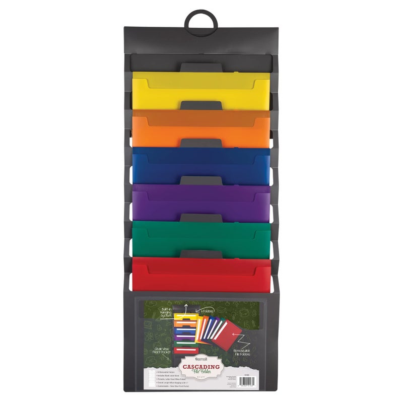Samsill Cascading Wall File Organizer, Classrom Organization and Storage, 6 Removable Poly Hanging File Folders, Command Center Wall Organizer, Gray with Assorted Color Folders - Image 1