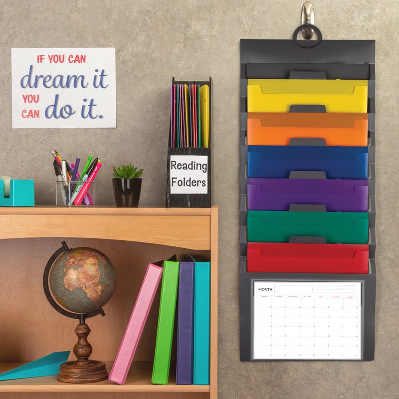 Samsill Cascading Wall File Organizer, Classrom Organization and Storage, 6 Removable Poly Hanging File Folders, Command Center Wall Organizer, Gray with Assorted Color Folders - Image 2