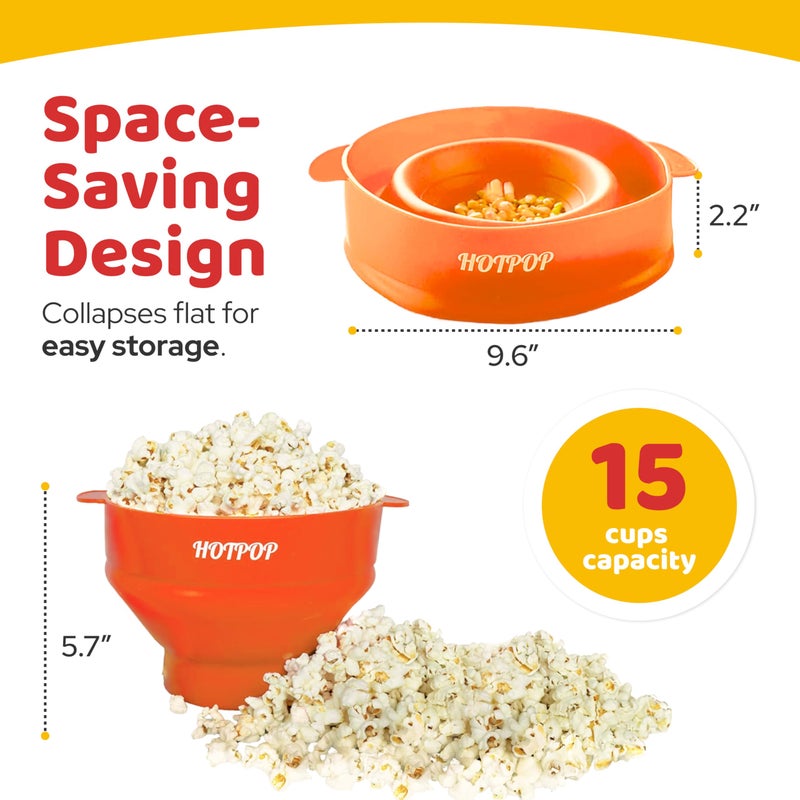 HOTPOP The Original Hotpop Microwave Popcorn Popper, Silicone Popcorn Maker, Collapsible Bowl BPA-Free and Dishwasher Safe- 20 Colors Available (Orange) - Image 2