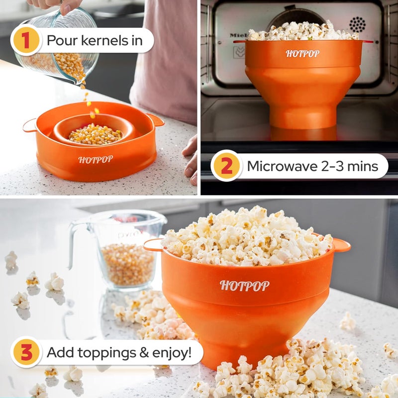 HOTPOP The Original Hotpop Microwave Popcorn Popper, Silicone Popcorn Maker, Collapsible Bowl BPA-Free and Dishwasher Safe- 20 Colors Available (Orange) - Image 3