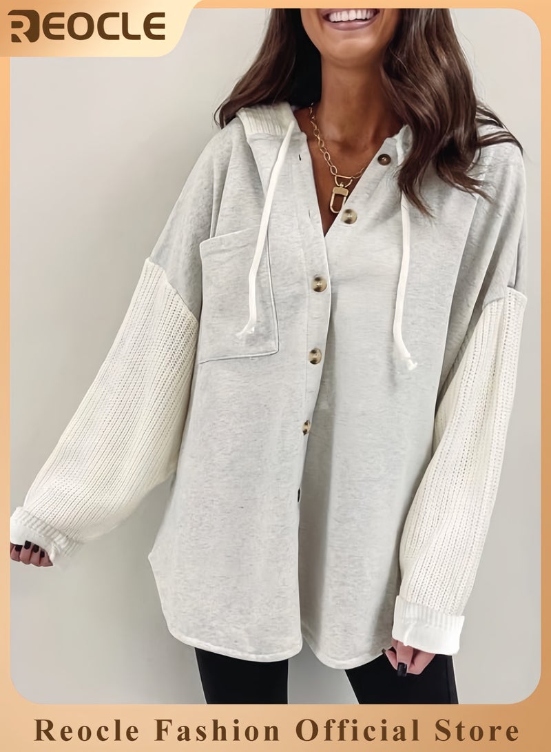 REOCLE Oversized Sweatshirt for Women Loose Fit Casual Long Sleeve Button Hooded Sweatshirts Hoodies with Pocket - Image 1
