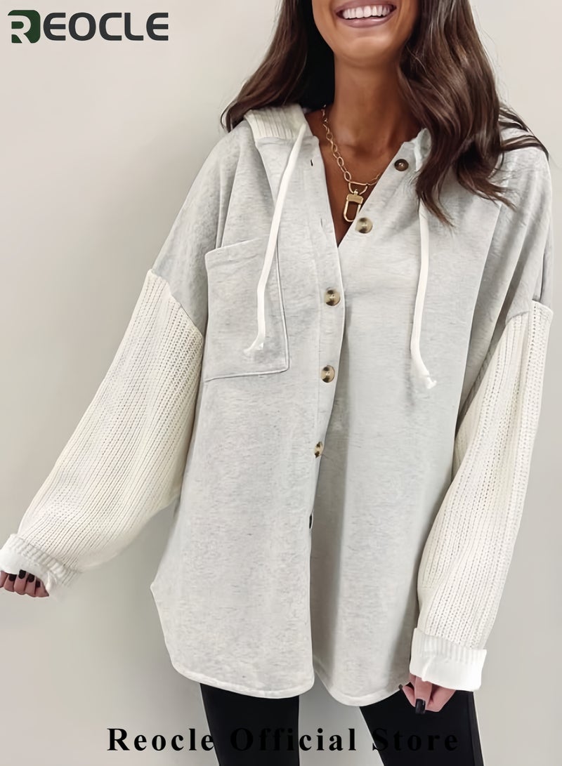 REOCLE Oversized Sweatshirt for Women Loose Fit Casual Long Sleeve Button Hooded Sweatshirts Hoodies with Pocket - Image 3