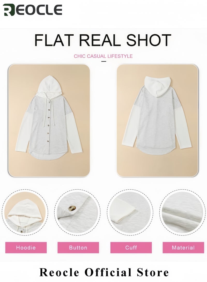 REOCLE Oversized Sweatshirt for Women Loose Fit Casual Long Sleeve Button Hooded Sweatshirts Hoodies with Pocket - Image 5