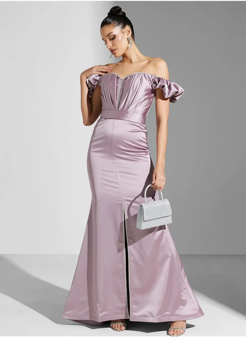 Akadia Fashion Bardot Balloon Sleeve Front Slit Dress